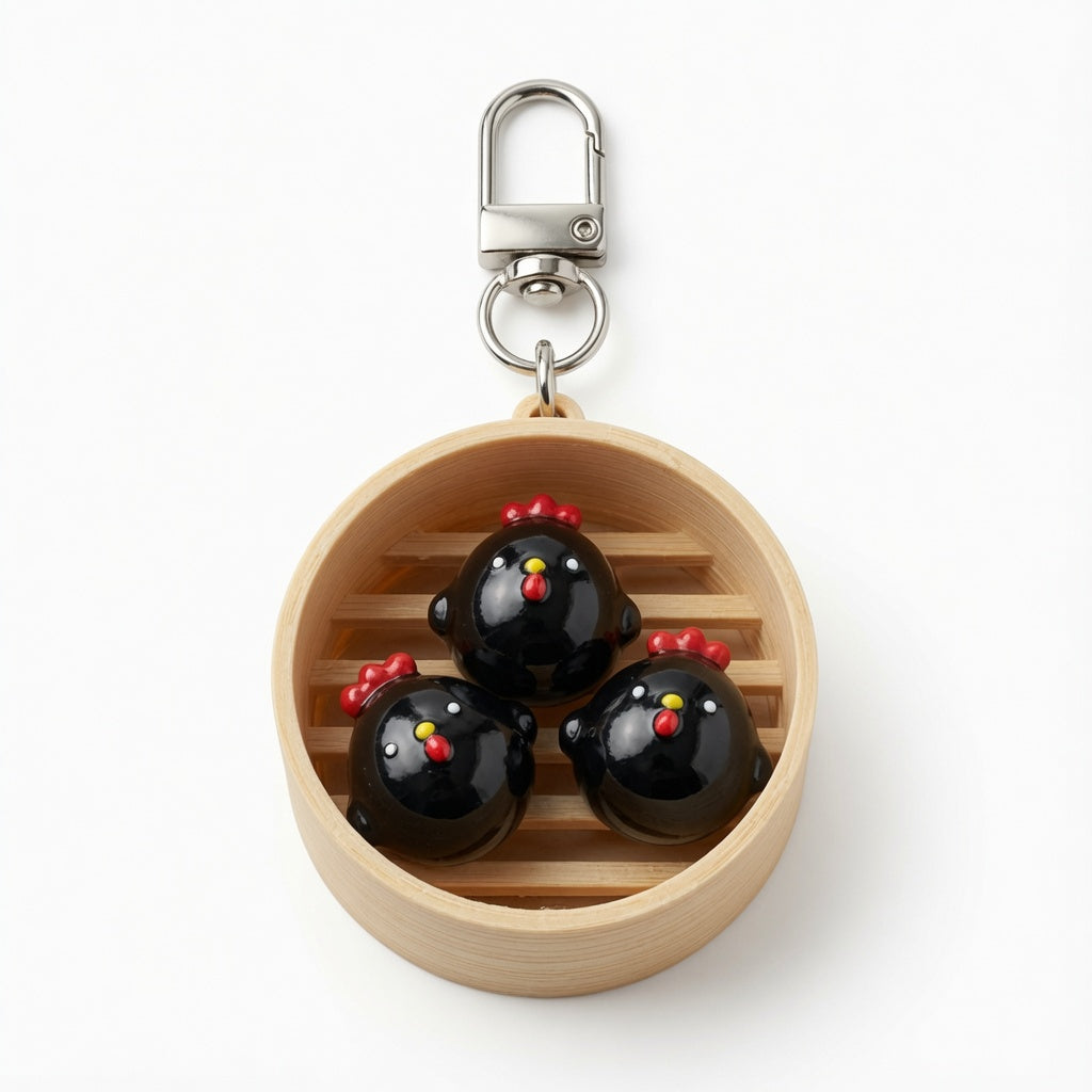 Black Rooster Dim Sum Basket Keychain