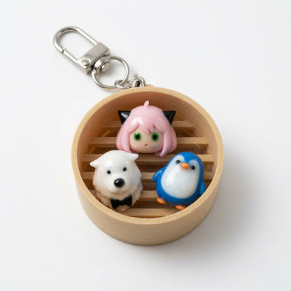 Pink Haired Girl Dim Sum Basket Keychain
