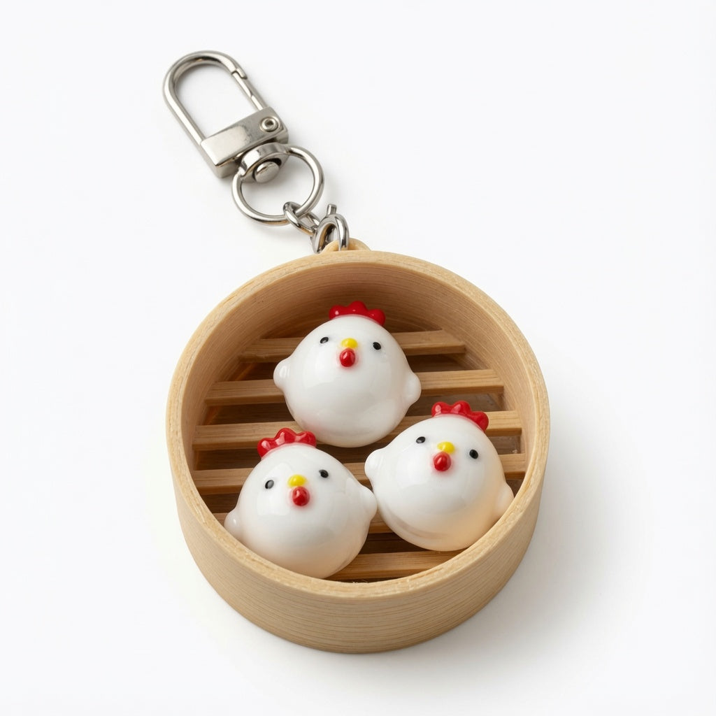 White Chicken Dim Sum Basket Keychain